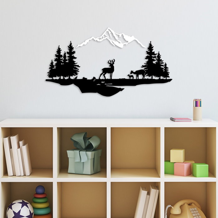 Wallity Deer And Landscape - 2 Escultura de Pared de Metal Blanco y Negro Wallity Deer And Landscape - 2 Escultura de Pared de Metal Blanco y Negro